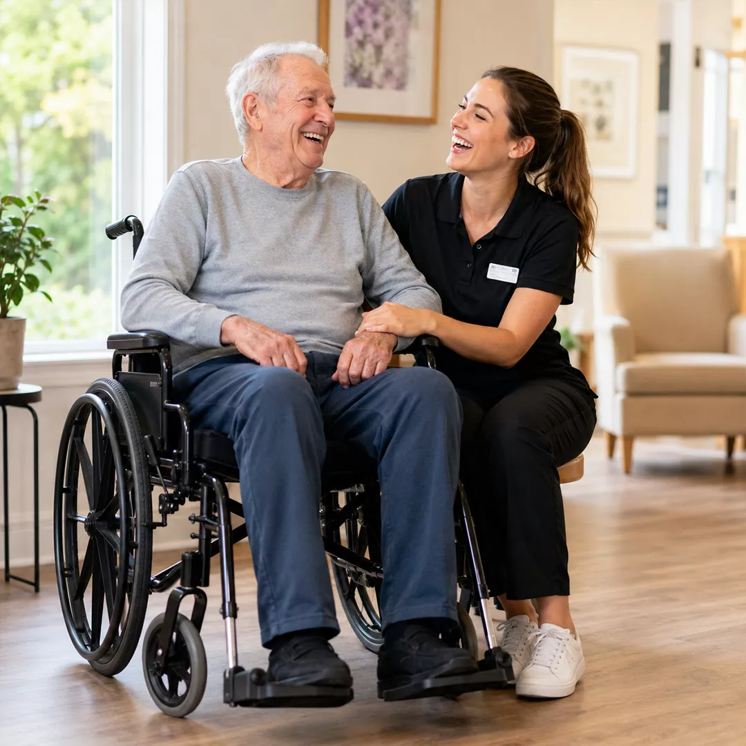 Pflegezusatzversicherung - Glücklicher Senior mit Pflegekraft